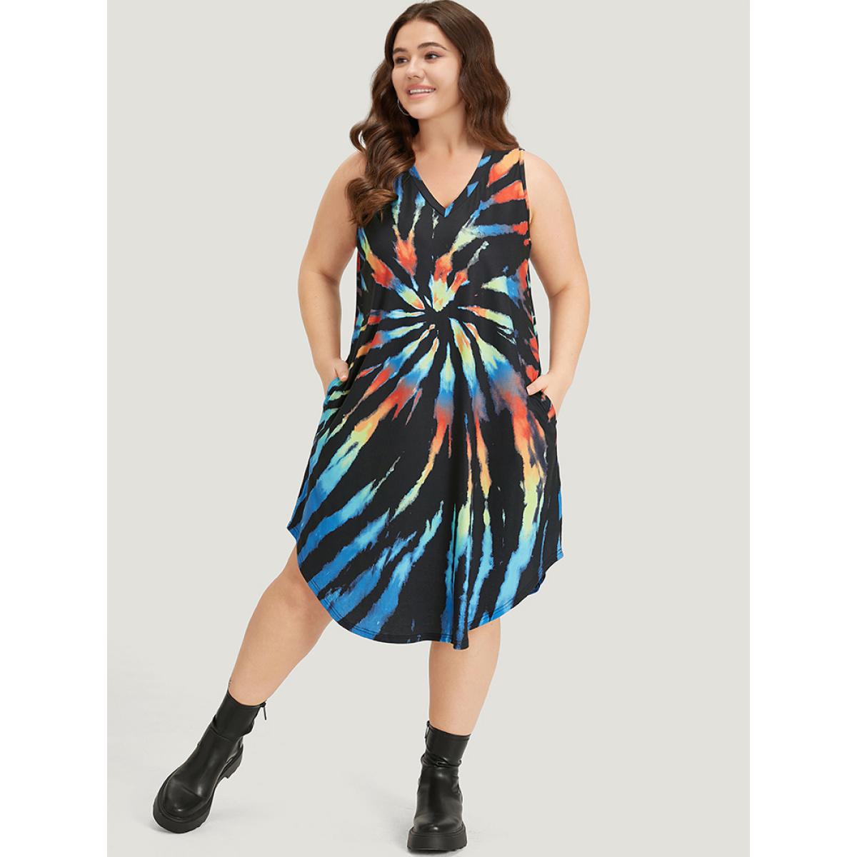 Plus Size Tie Dye Pocket Curved Hem Tank Dress Black Women Casual Tie Dye V-neck Sleeveless Curvy Midi Dress BloomChic 18-20/2X Product Image