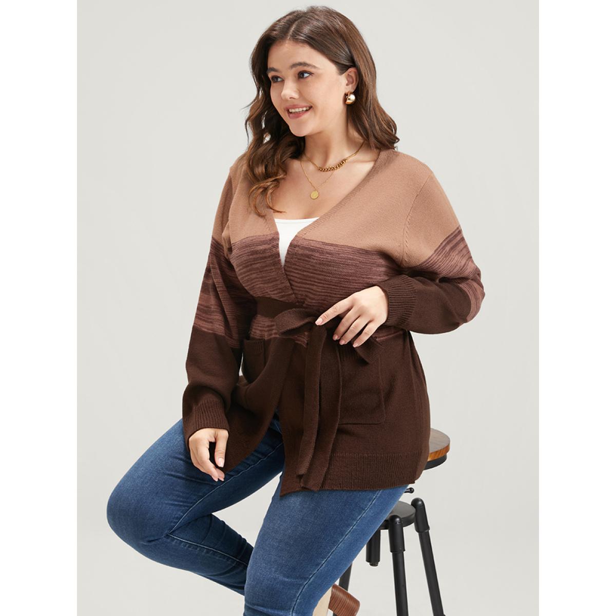 Plus Size Colorblock Contrast Pointelle Knit Pocket Belted Open Front Cardigan Multicolor Women Casual Loose Long Sleeve Dailywear Cardigans BloomChic 12/L Product Image