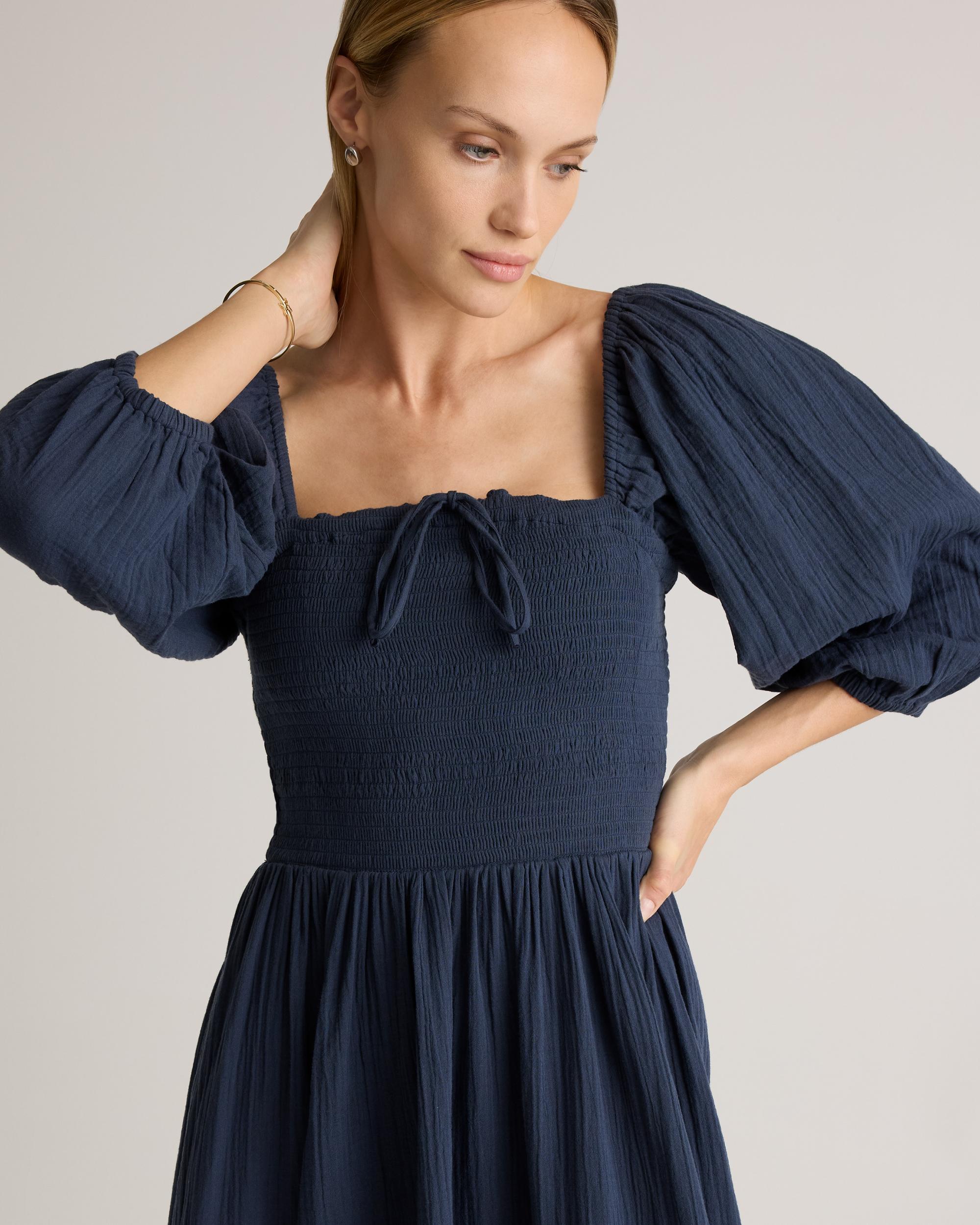 Quince | Women's Gauze Smocked Square Neck Midi Dress Organic Cotton Product Image