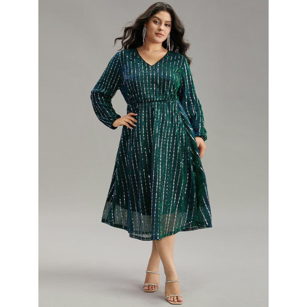 Plus Size Sequin Mesh V Neck Elastic Waist Dress DarkSlateGray Women Cocktail Sequin V-neck Long Sleeve Curvy Midi Dress BloomChic 22-24/3X Product Image