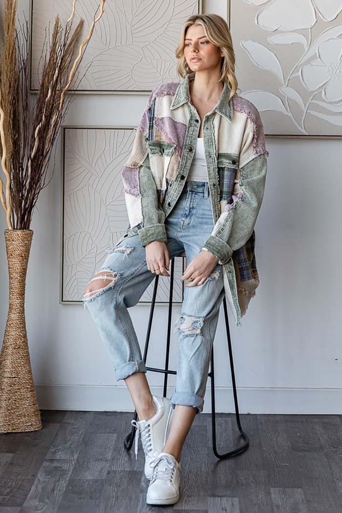 Patchwork Corduroy Long Sleeve Shacket Product Image