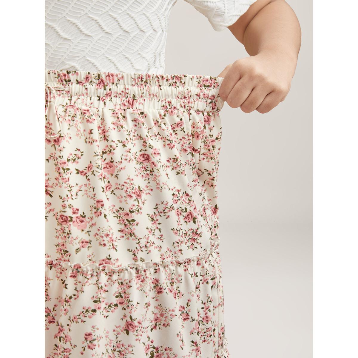 Plus Size Ditsy Floral Print Waist-Tie Midi Skirt Women Beige Elegant Gathered Low stretch Slanted pocket Everyday Skirts BloomChic 22-24/3X Product Image