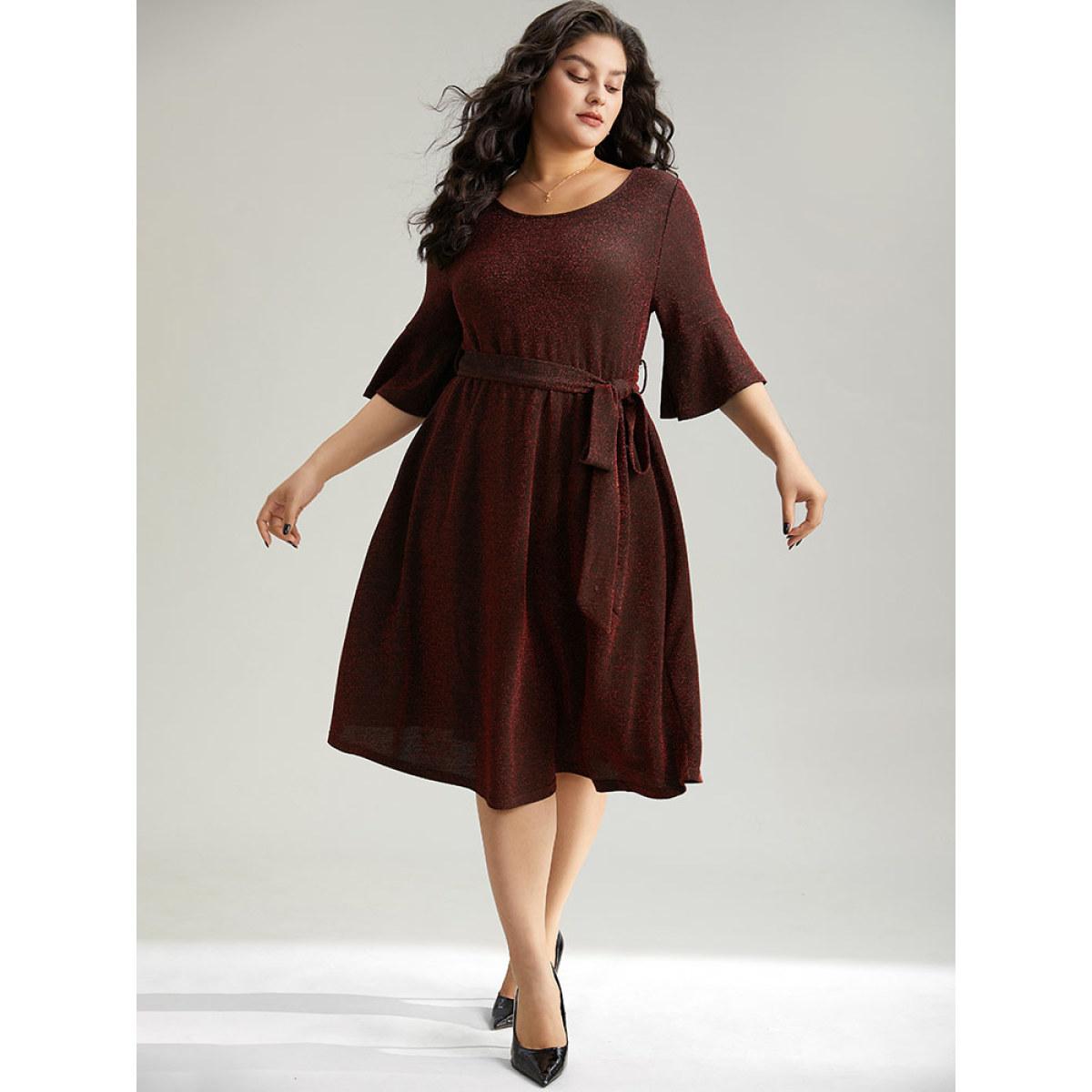 Plus Size Lurex Belted Flutter Sleeve Dress Raspberry Women Elegant Plain Round Neck Elbow-length sleeve Curvy Midi Dress BloomChic 14-16/1X Product Image