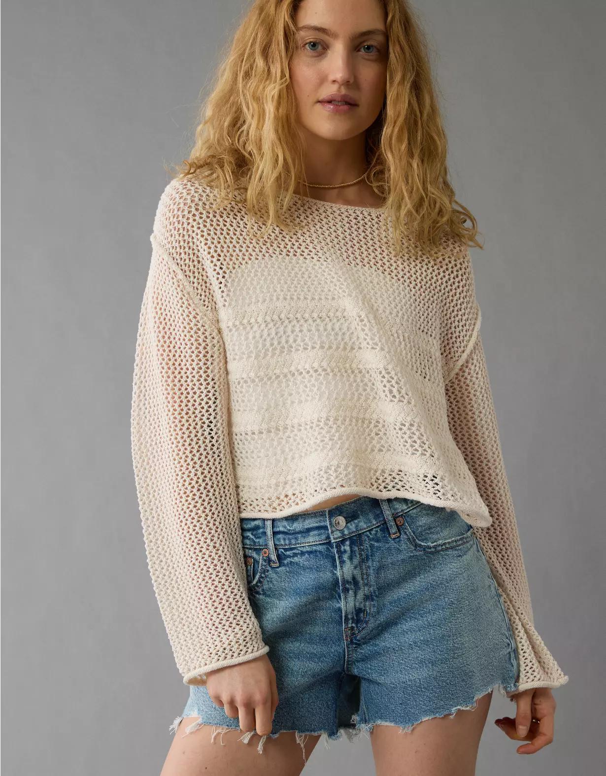AE Off The Shoulder Crochet Sweater Product Image