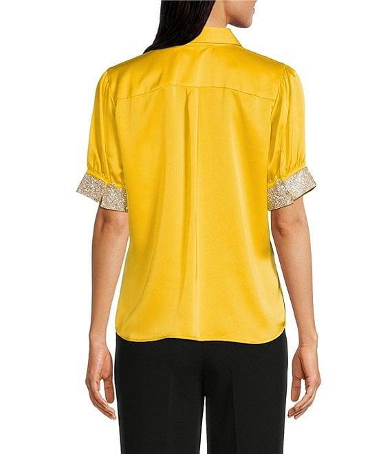 KARL LAGERFELD PARIS Tech Satin Point Collar Short Trim Sleeve Embellished Button-Front Blouse Product Image