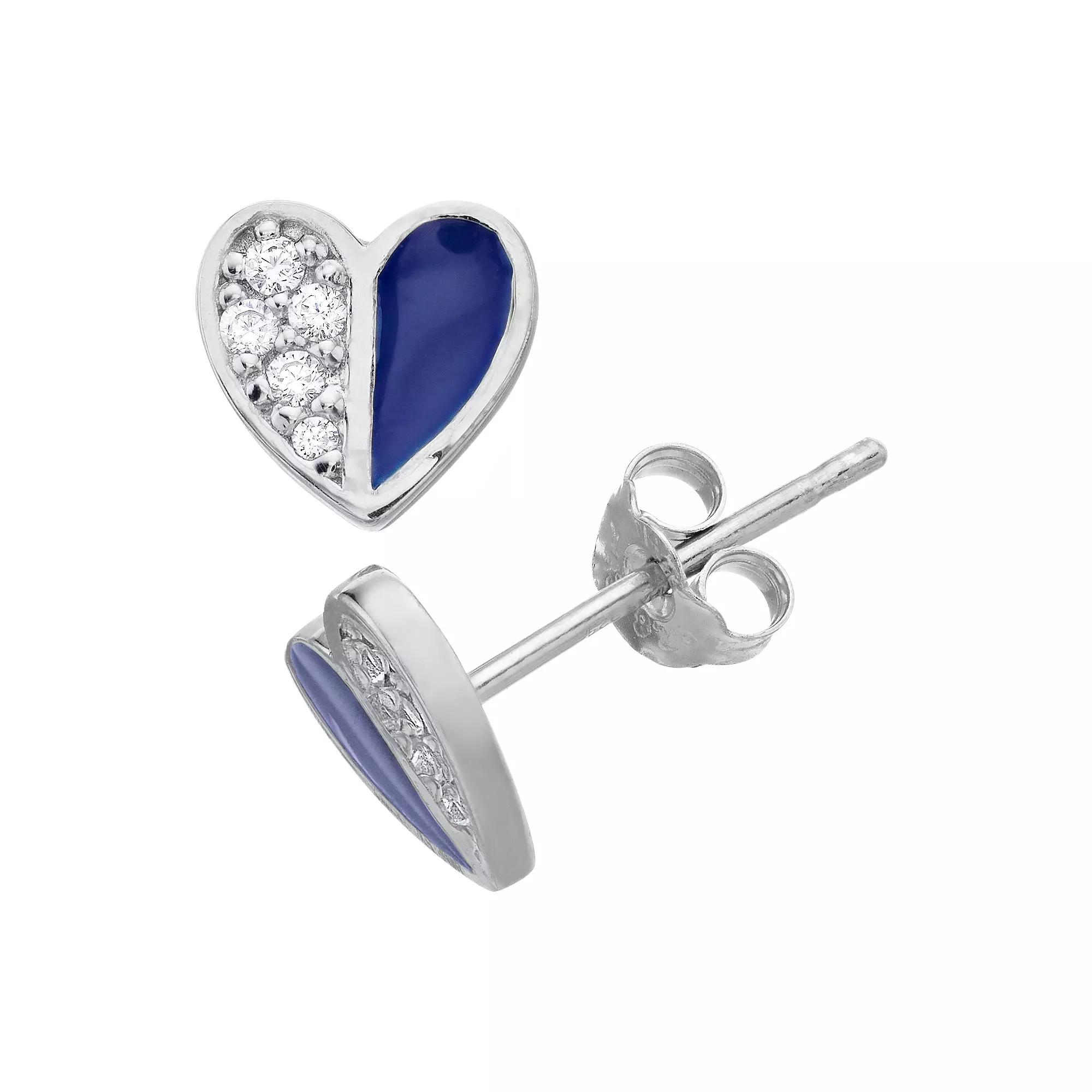 Aleure Precioso Sterling Silver Cubic Zirconia & Enamel Heart Stud Earrings, Women's, Sterling Blue Product Image