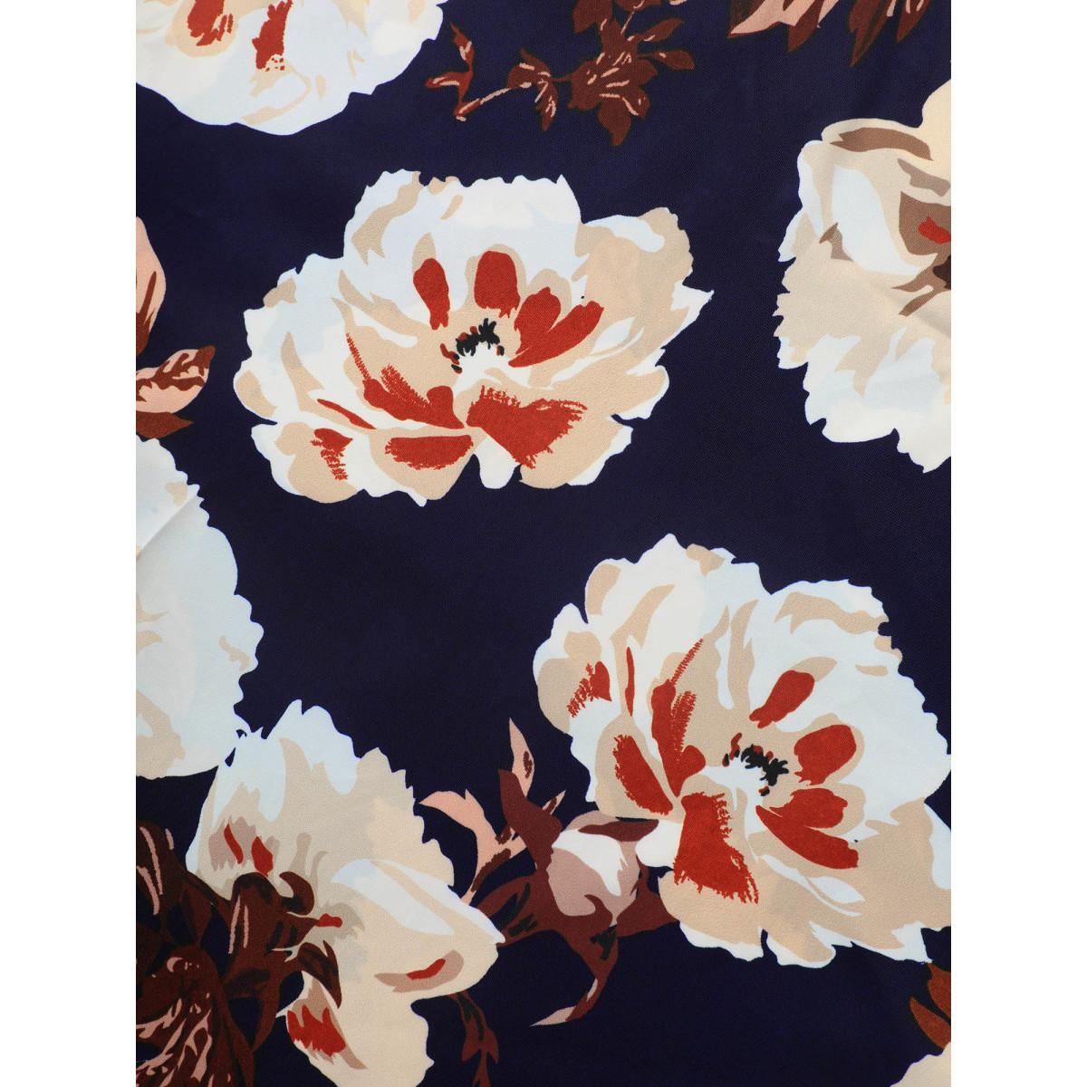 Plus Size Indigo Floral Notched Collar Ruffle Trim Blouse Women Elegant Short sleeve Flat collar with V-notch Everyday Blouses BloomChic 10/M Product Image