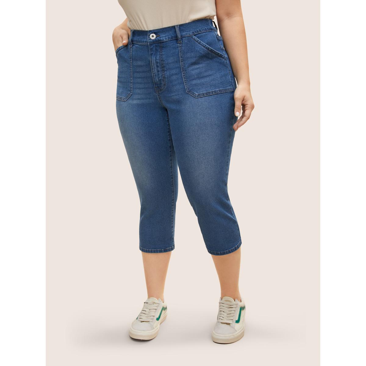 Plus Size Medium Wash Roll Hem Pull On Jegging Jeans Women Denimblue Casual Roll Hem Medium stretch Slanted pocket Jeans BloomChic 14/1X Product Image