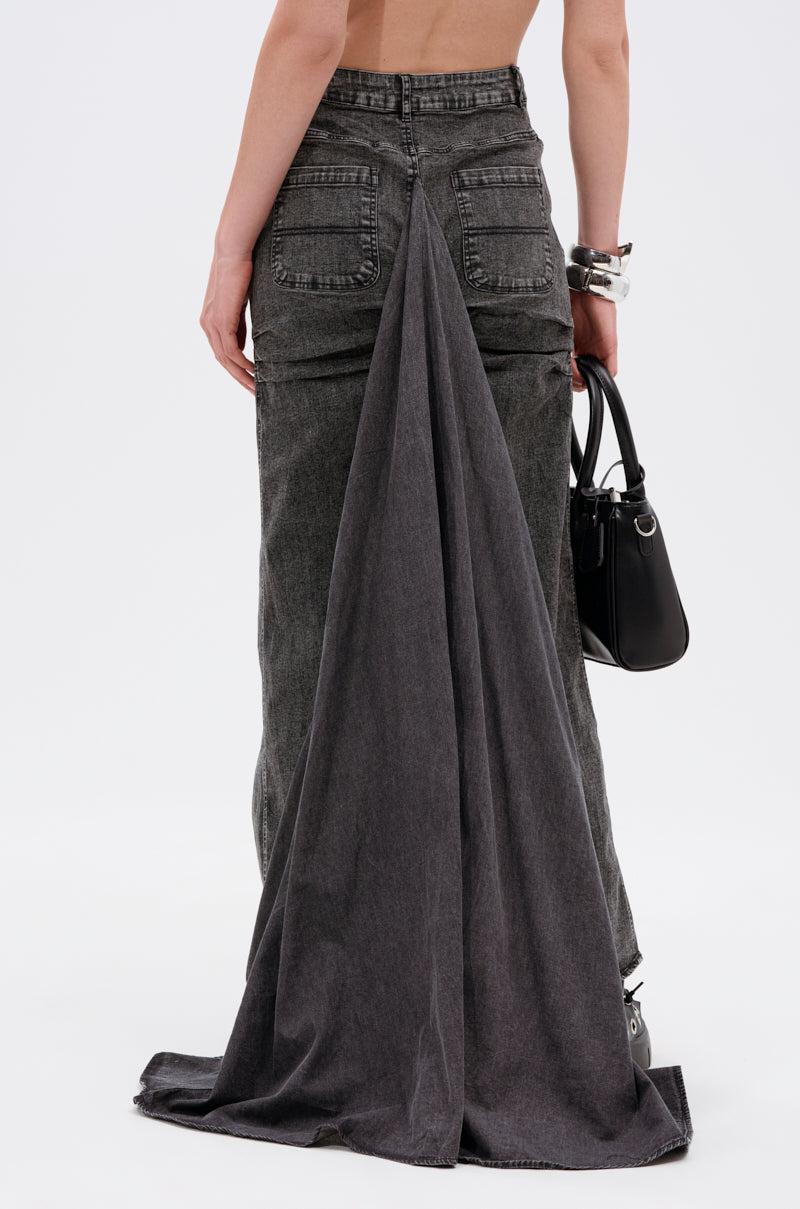 OH THE DRAMA DENIM MAXI SKIRT WITH TRAIN IN GREY Product Image