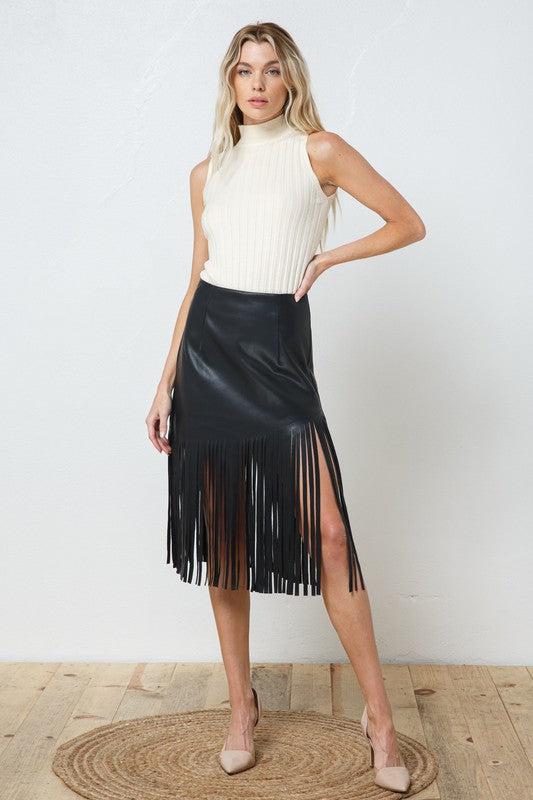 Edalyn Faux Leather Fringe Knee Length Skirt Product Image