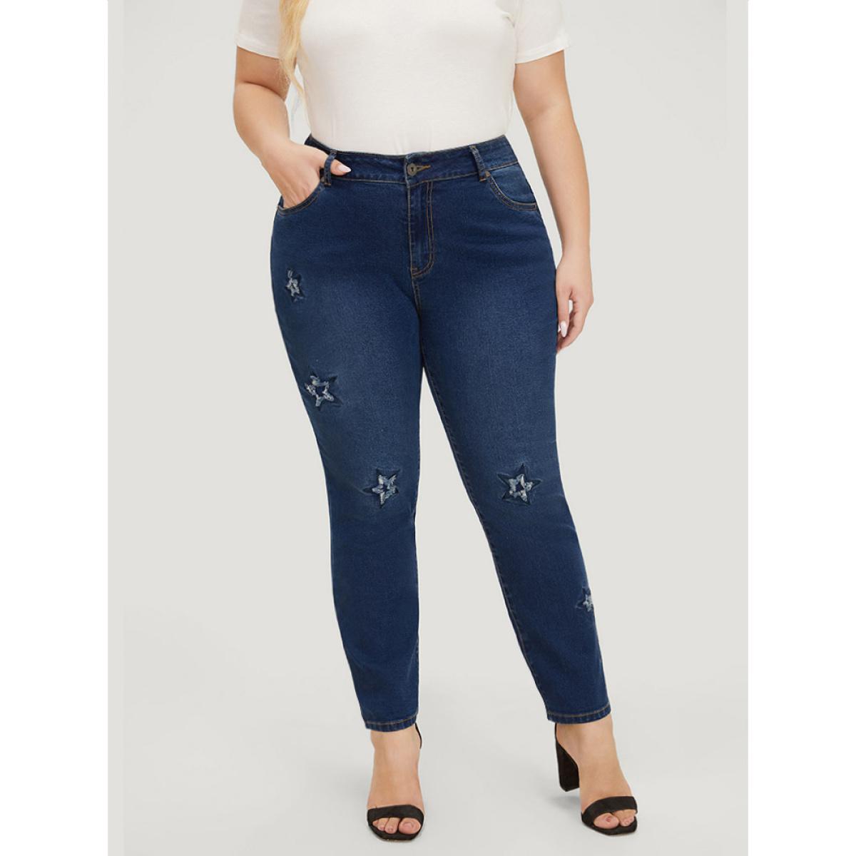 Plus Size Very Stretchy High Rise Medium Wash Star Embroidery Jeans Women Blue Casual Star and moon Embroidered High stretch Jeans BloomChic 12/L Product Image