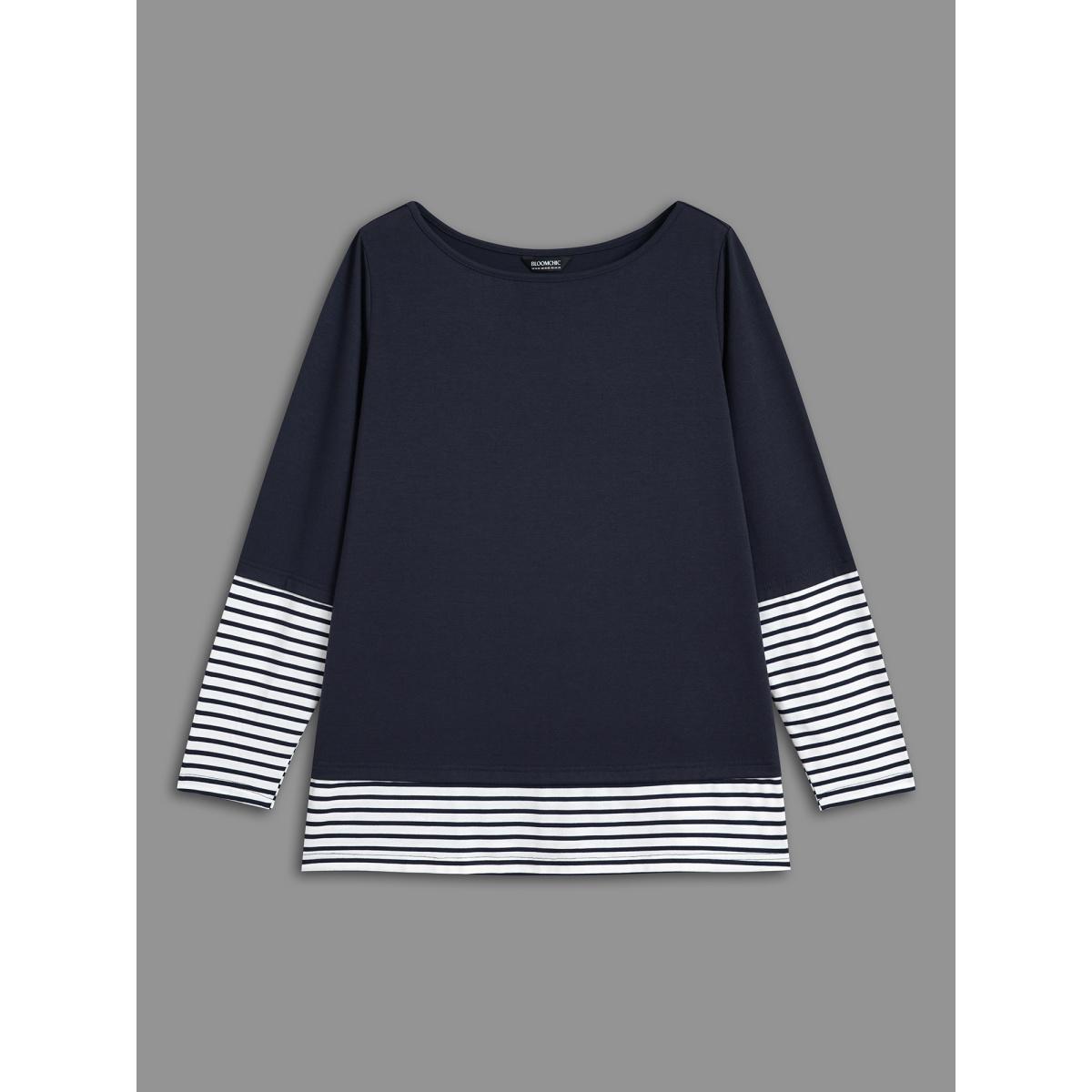 Plus Size Boat Neck Striped Patchwork T-Shirt Indigo Women Casual Contrast Boat Neck Everyday T-shirts BloomChic 28/5X Product Image
