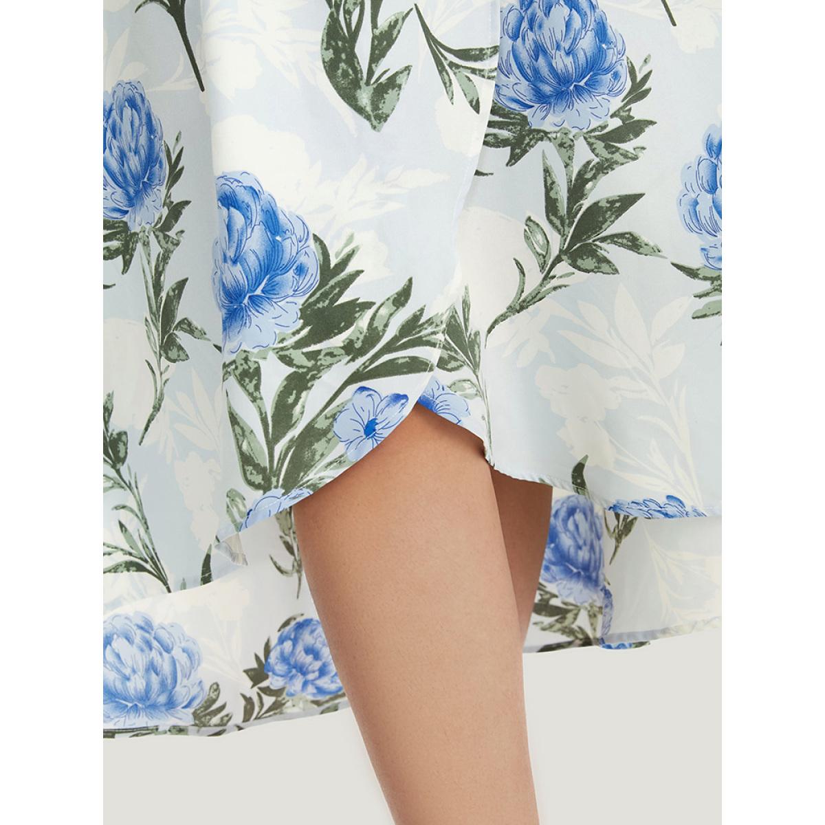 Plus Size Floral Patchwork Cold Shoulder Pocket Asymmetrical Hem Dress Indigo Women Elegant Adjustable Straps Cold Shoulder Short sleeve Curvy Midi Dress BloomChic 10/M Product Image