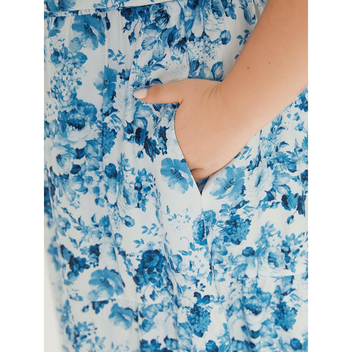 Plus Size Batik Plicated Detail Square Neck Puff Sleeve Dress Blue Women Elegant Elastic cuffs Square Neck Short sleeve Curvy Midi Dress BloomChic 28/5X Product Image