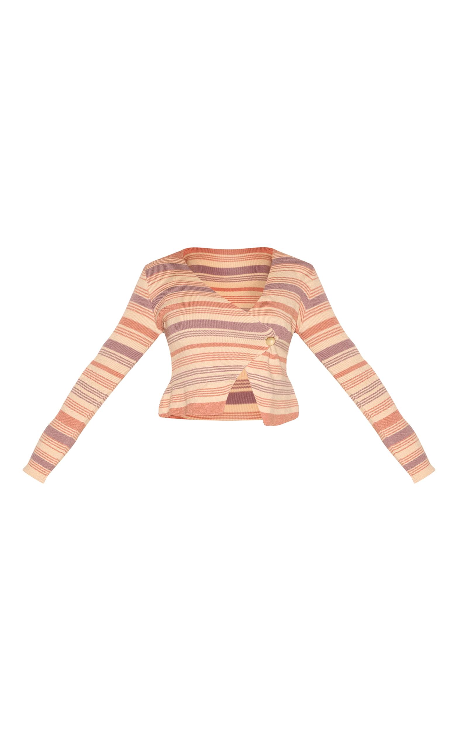 Shape Peach Knitted Striped Wrap Over Gold Button Cardigan Product Image