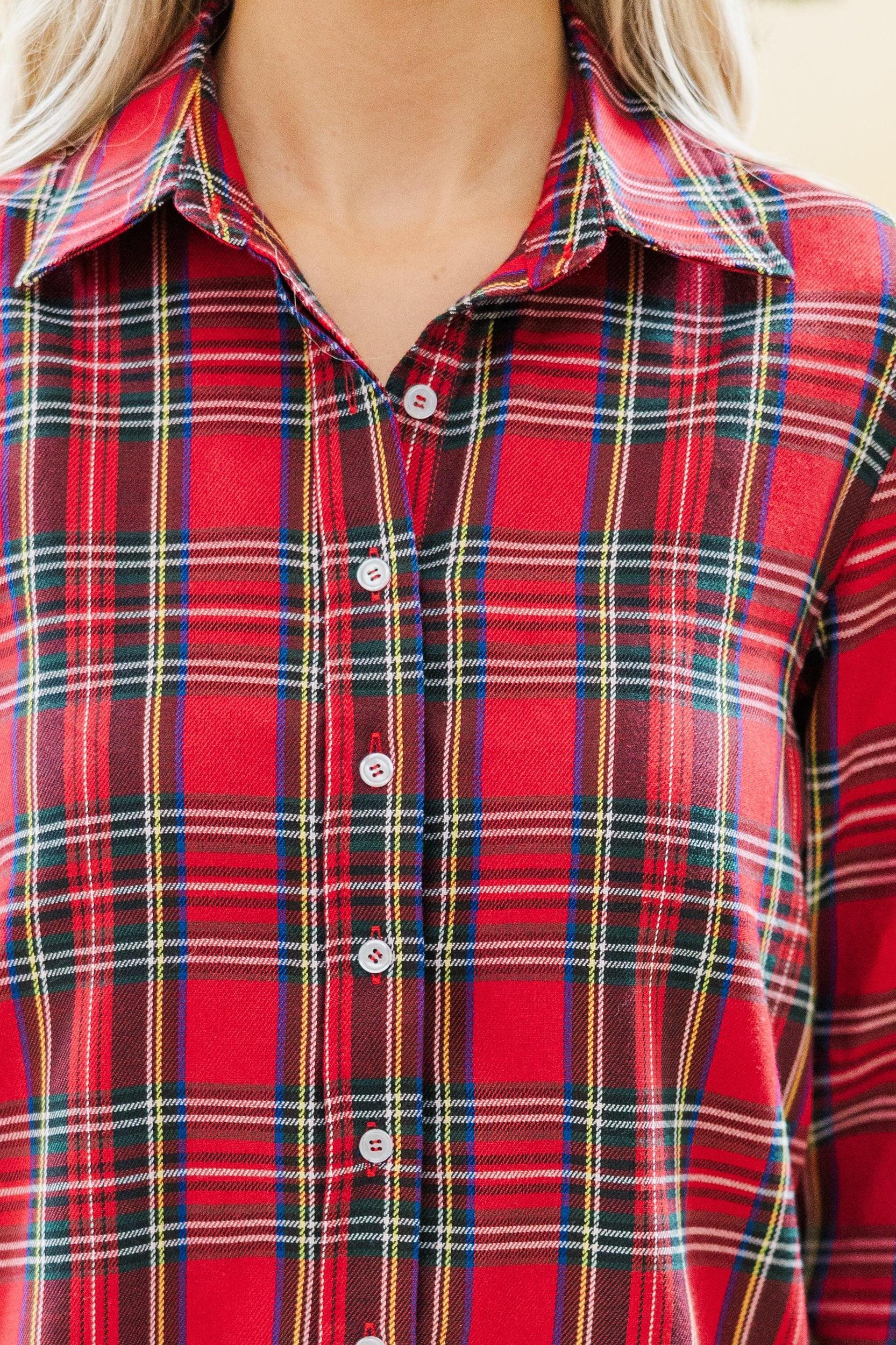 Just For You Red Tartan Plaid Button Down Blouse Female Product Image