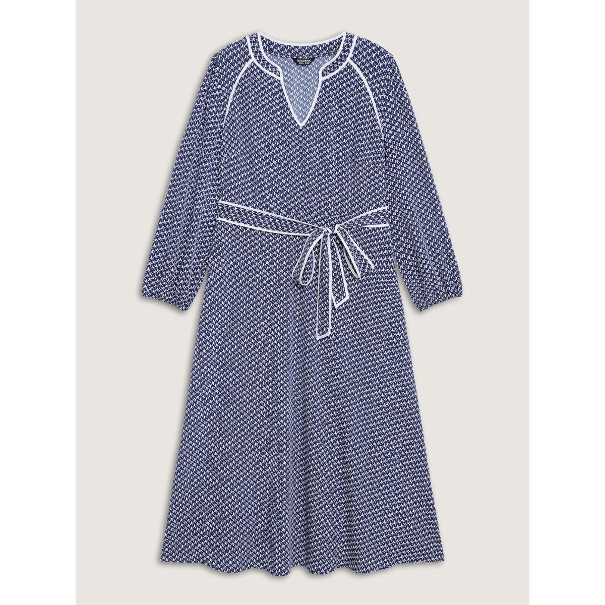 Plus Size Micro Geometric Print Waist-Tie Maxi Dress Navy Women Office Notched collar Long Sleeve Curvy BloomChic 30/6X Product Image