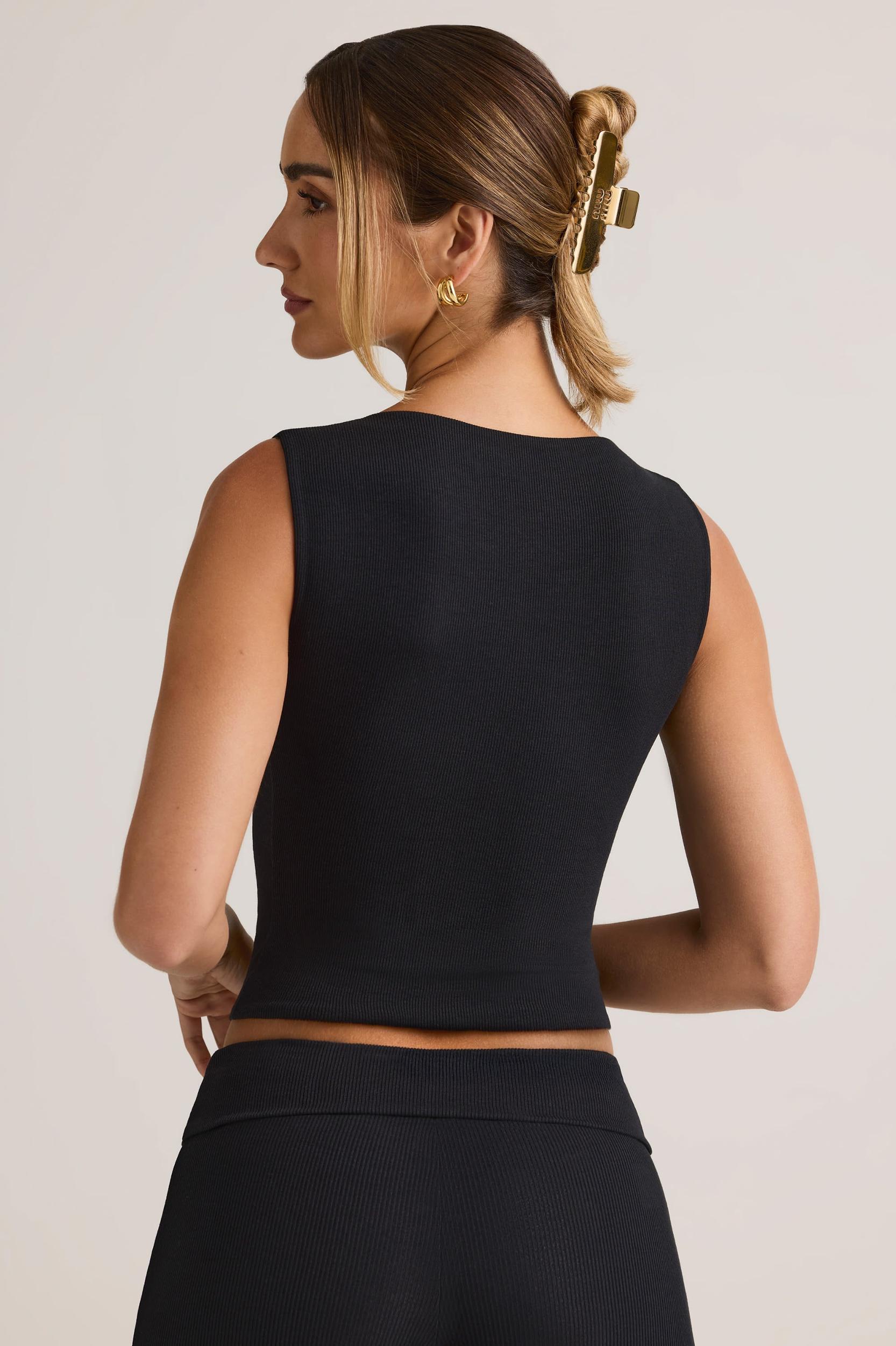 Modal Ribbed Button-Up Vest Top in Black Product Image