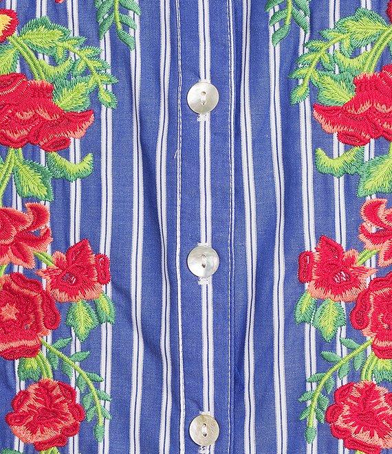 Calessa Petite Size Embroidered Stripe High Ruffle Split V-Neck Elbow Sleeve Button Front Tunic Product Image