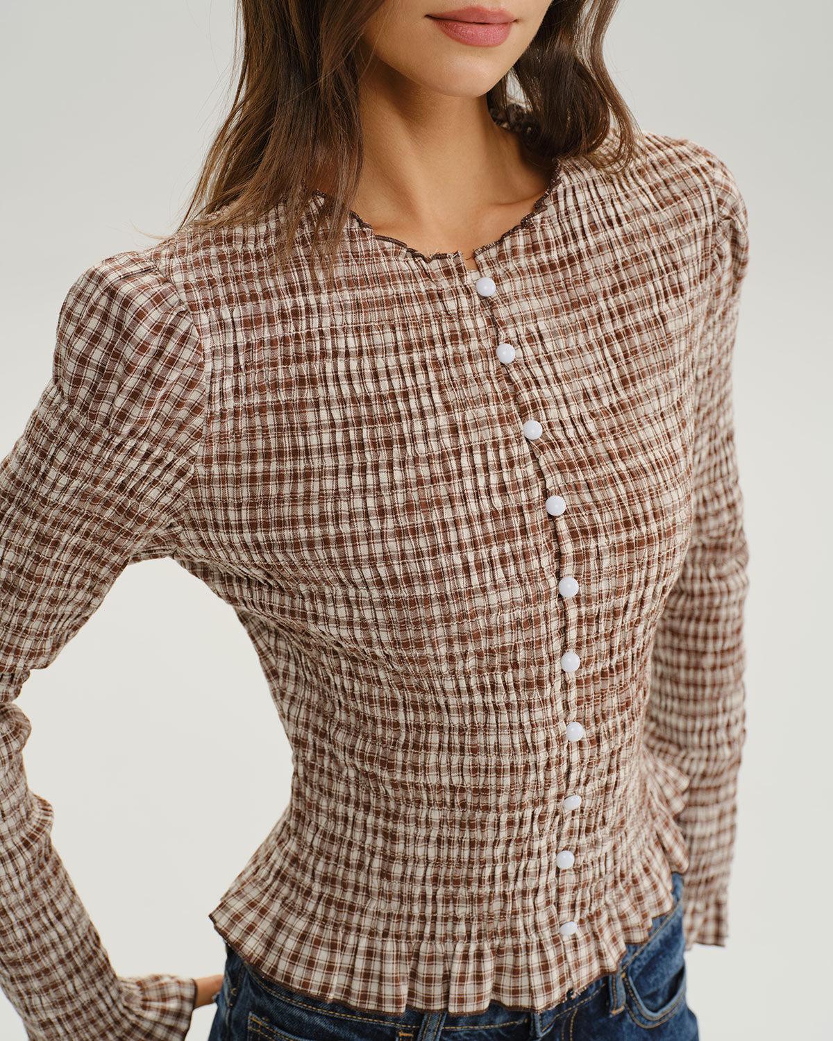 Brown Plaid Shirred Poet Sleeve Blouse Product Image