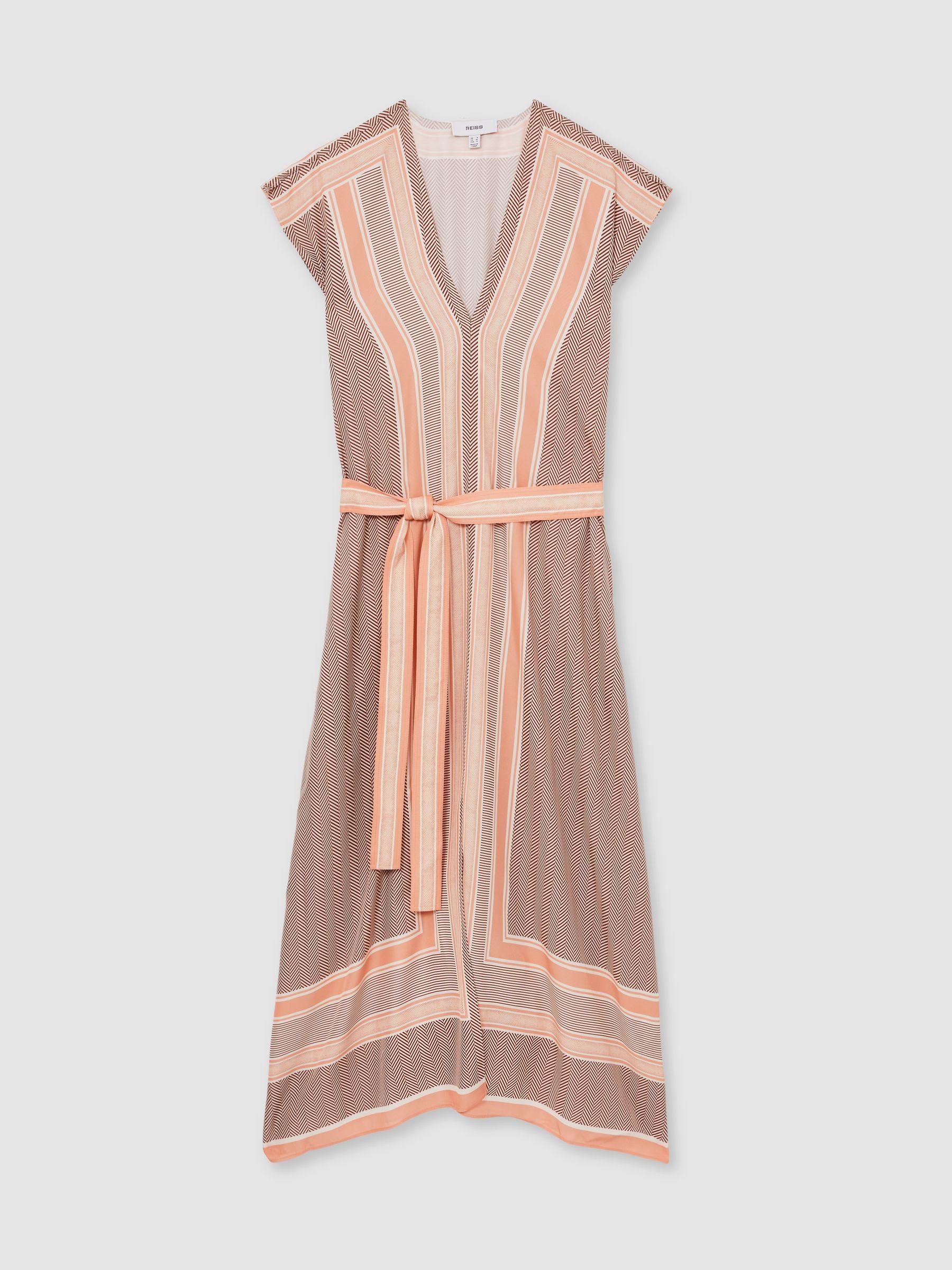 Scarf Print Belted Midi Dress in Coral Product Image