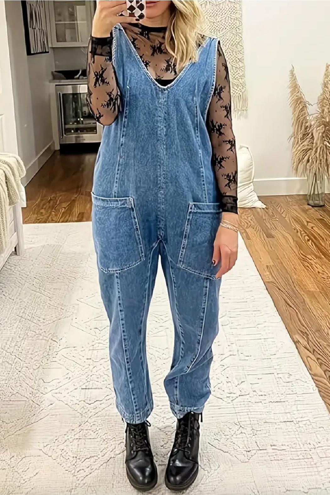 Denim V Neck Overalls Product Image