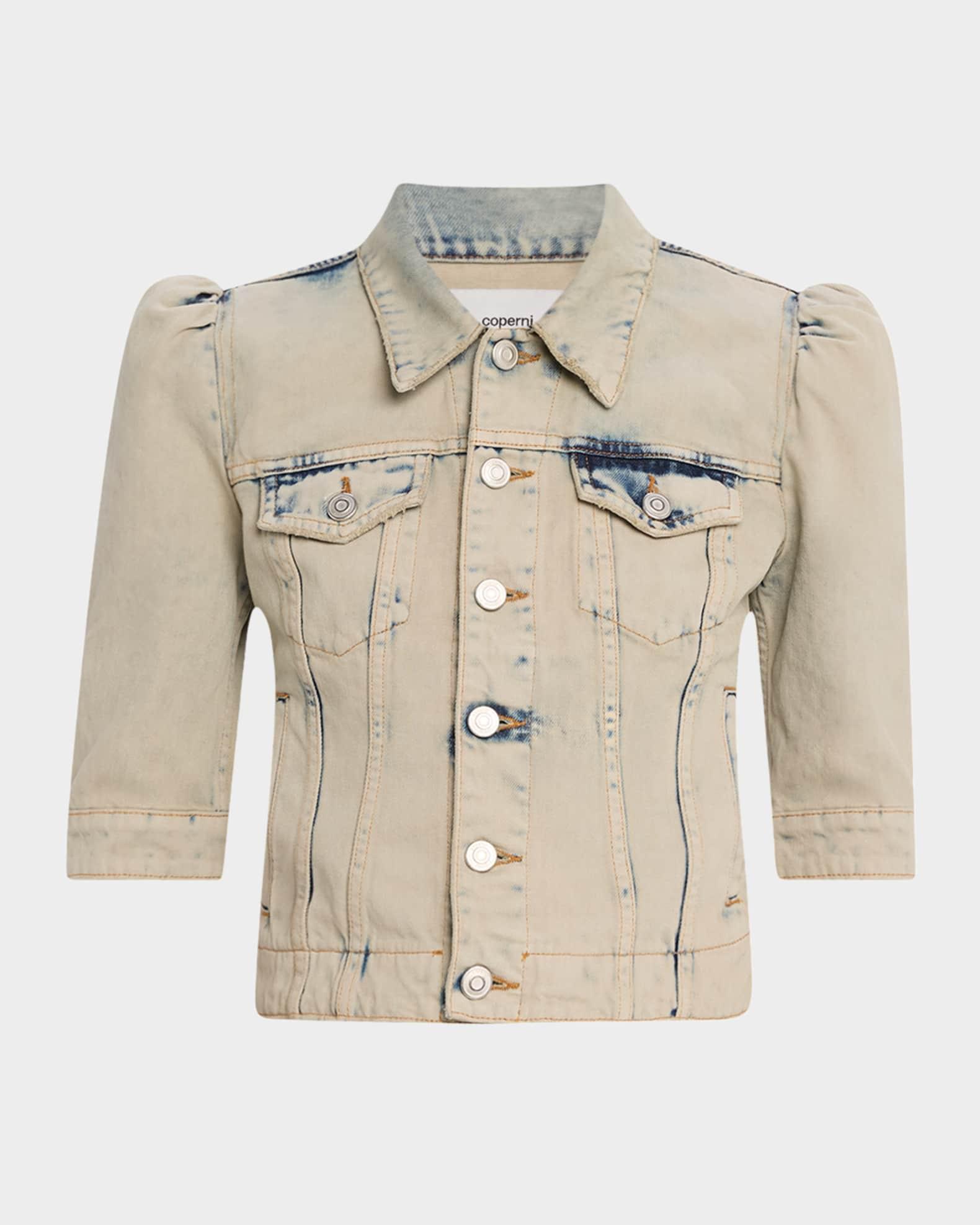 Puff-Sleeve Slim Crop Denim Jacket Product Image