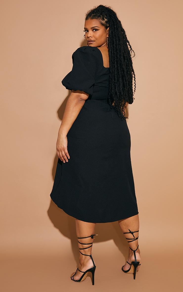 Plus Black Puff Sleeve Ruched Split Side Midi Dress Product Image