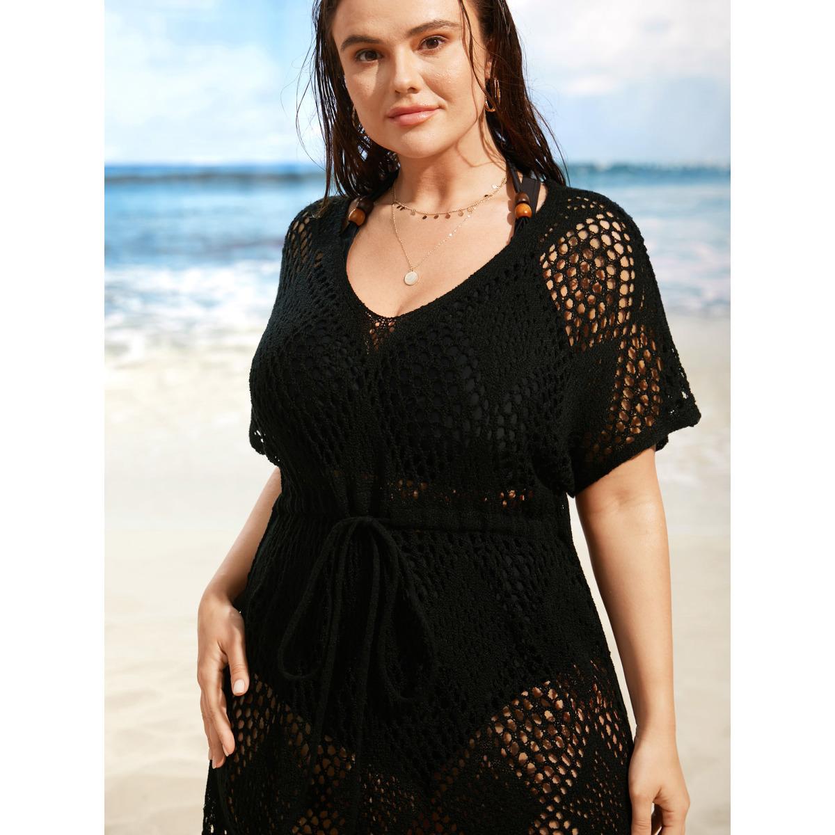 Plus Size Geometric Cut Out Drawstring Dolman Sleeve Swim Cover Up Women's Swimwear Black Beach Loose Texture Curve Swim Cover Ups BloomChic 14-16/1X Product Image