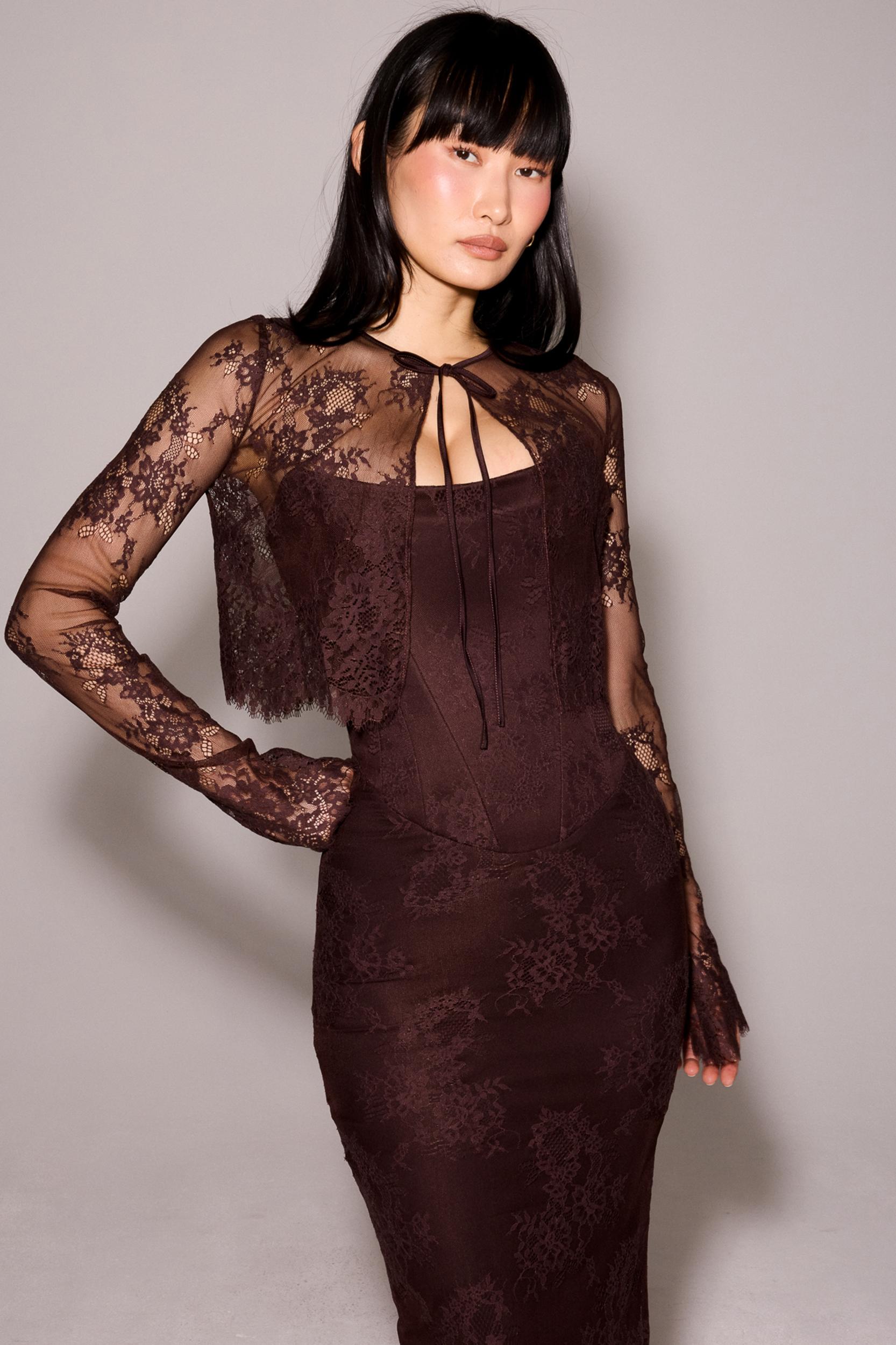 Larra  bitter chocolate lace corset midi dress & bolero Product Image