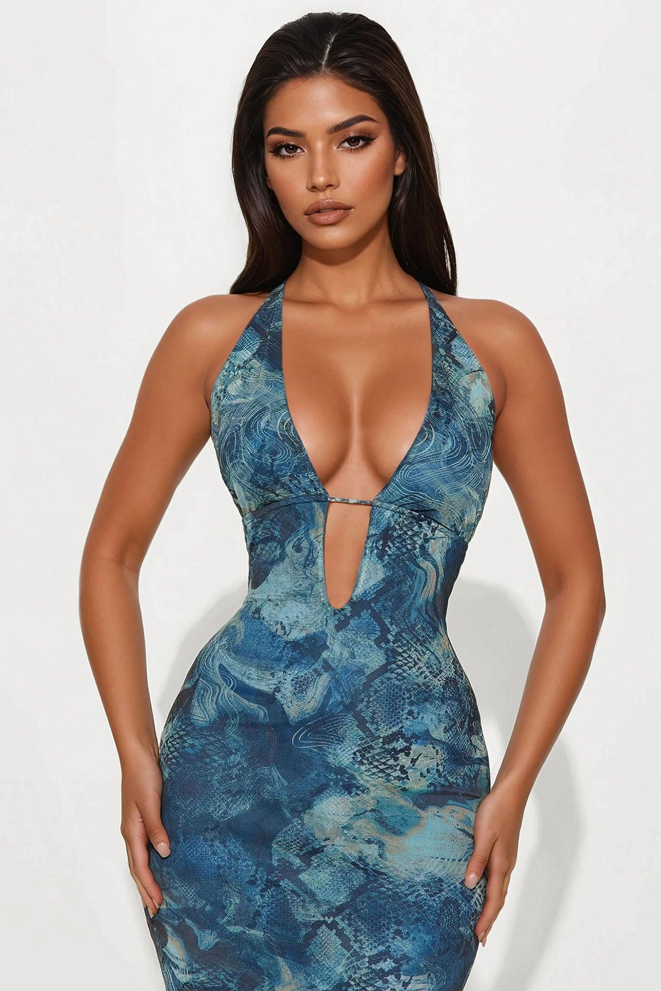 Erika Abstract Deep V-Neck Maxi Dress  - Blue/combo Product Image