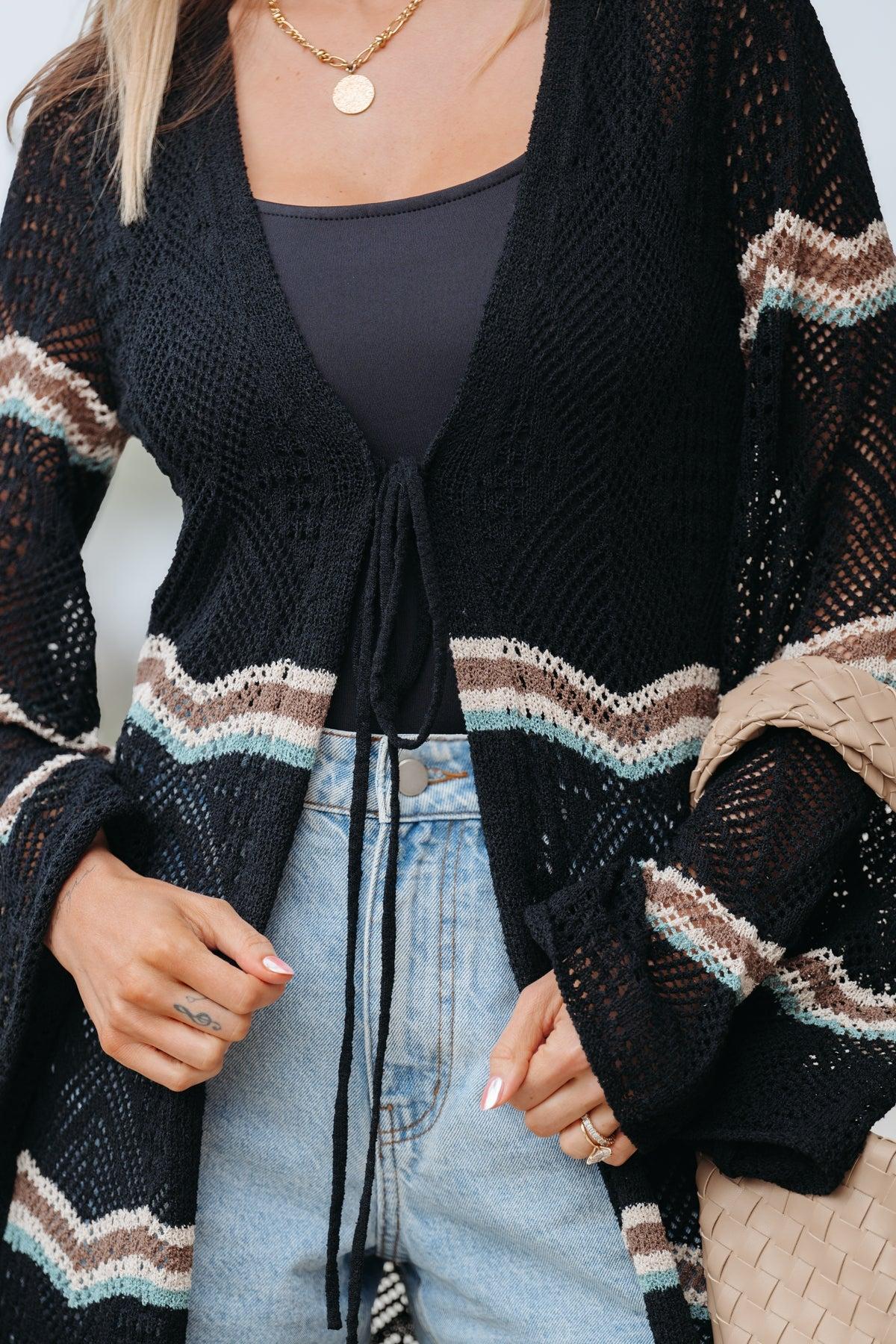 Black Multi Stripe Crochet Duster Cardigan - FINAL SALE Female Product Image