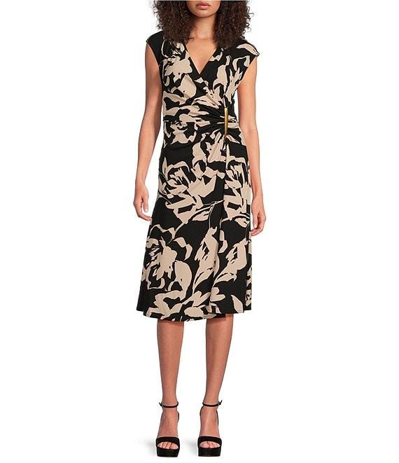 Donna Karan Jersey V-Neck Sleeveless Ruched Gold Broach Midi Sheath Dress Product Image