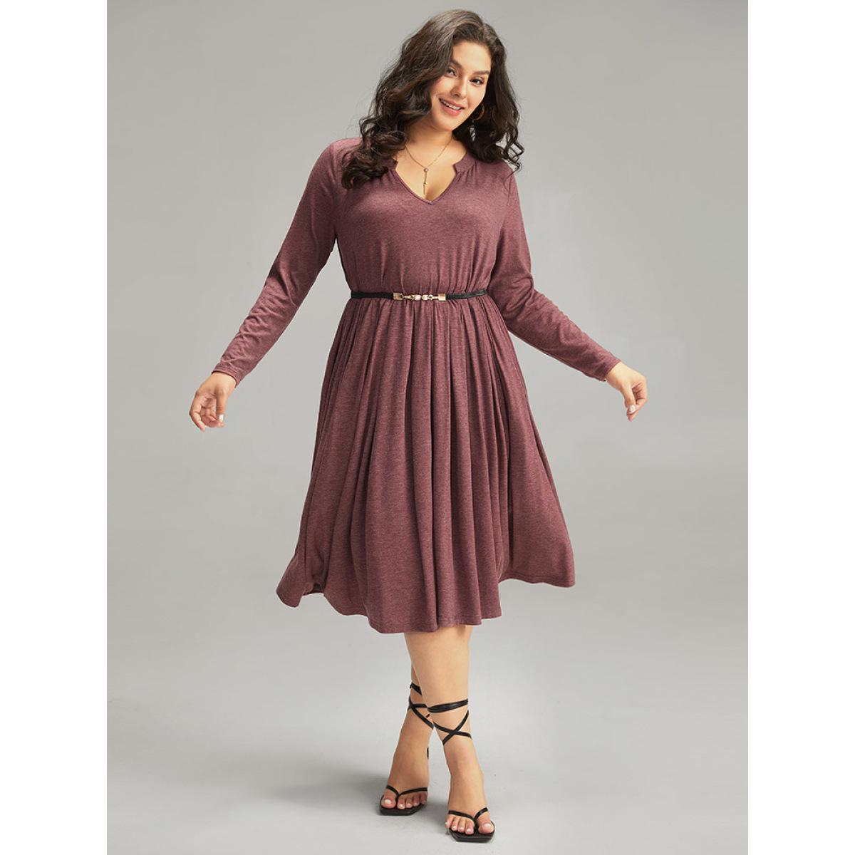Plus Size Supersoft Essentials Notched Elastic Waist Dress Russet Women Elegant Gathered Notched collar Long Sleeve Curvy Midi Dress BloomChic 14-16/1X Product Image