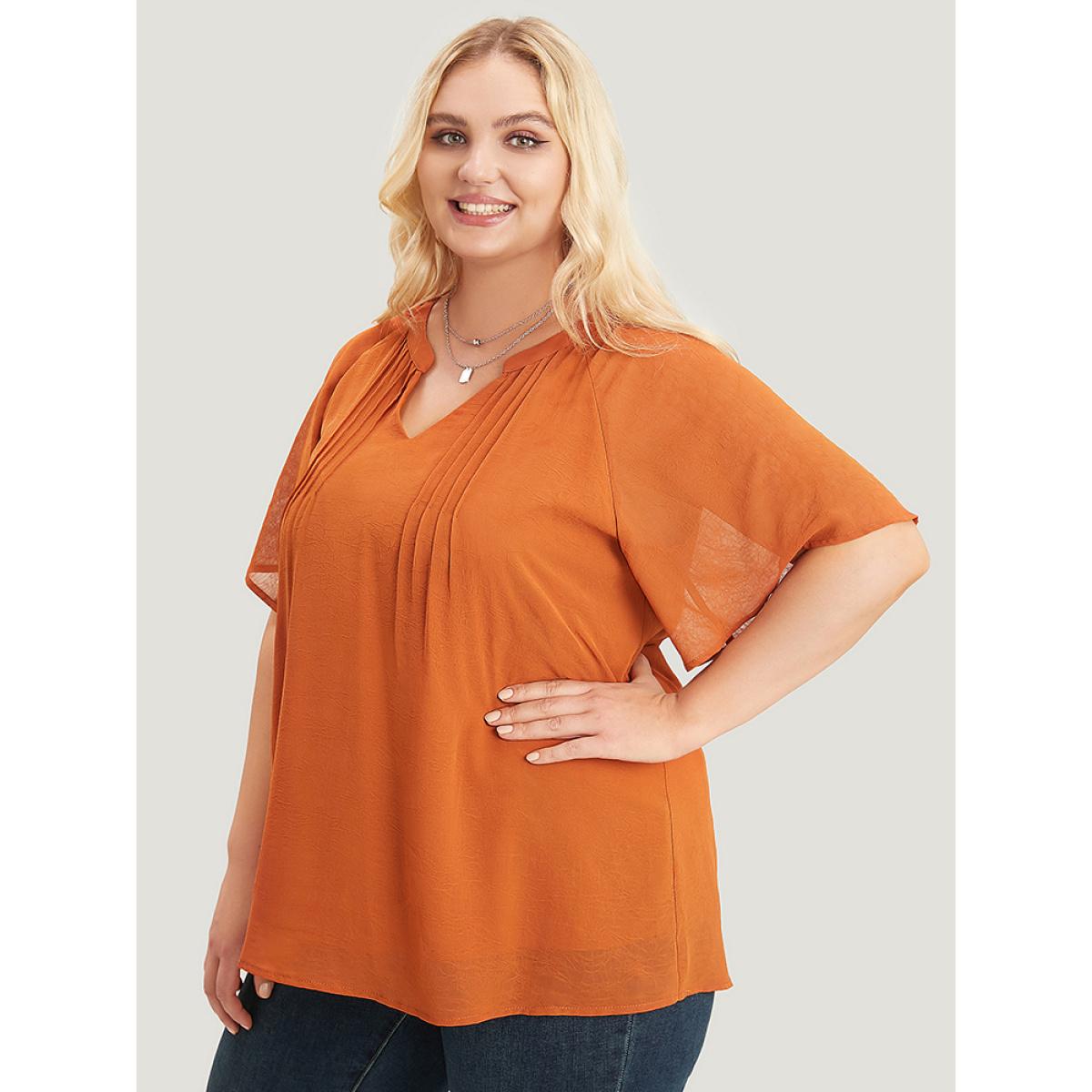 Plus Size Maroon Solid Notched Pleated Mesh Raglan Sleeve Blouse Women Casual Short sleeve V-neck Dailywear Blouses BloomChic 26/4X Product Image