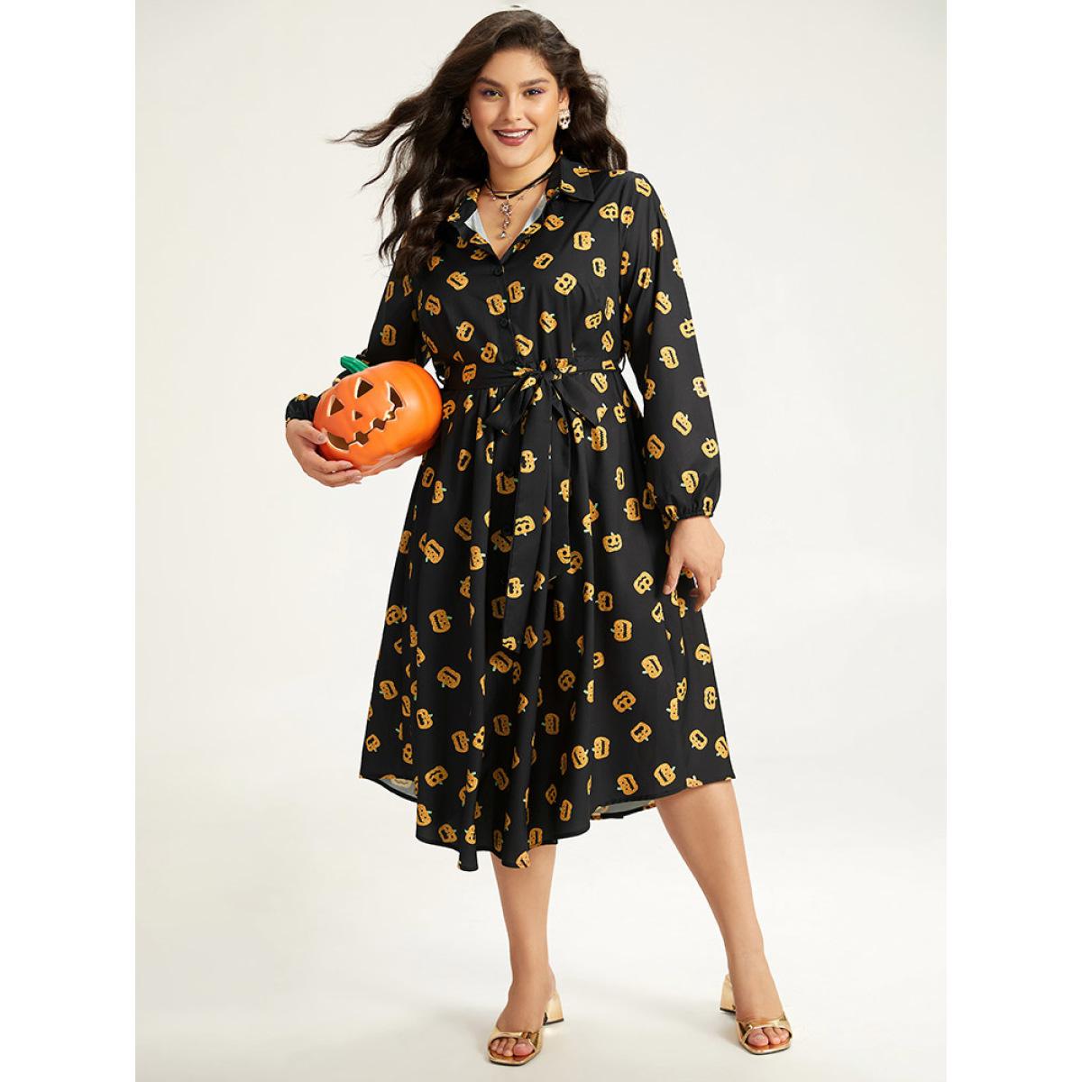 Plus Size Halloween Pumpkin Print Shirt Collar Belted Button Dress Black Women Office Elastic cuffs Shirt collar Long Sleeve Curvy Midi Dress BloomChic 12/L Product Image