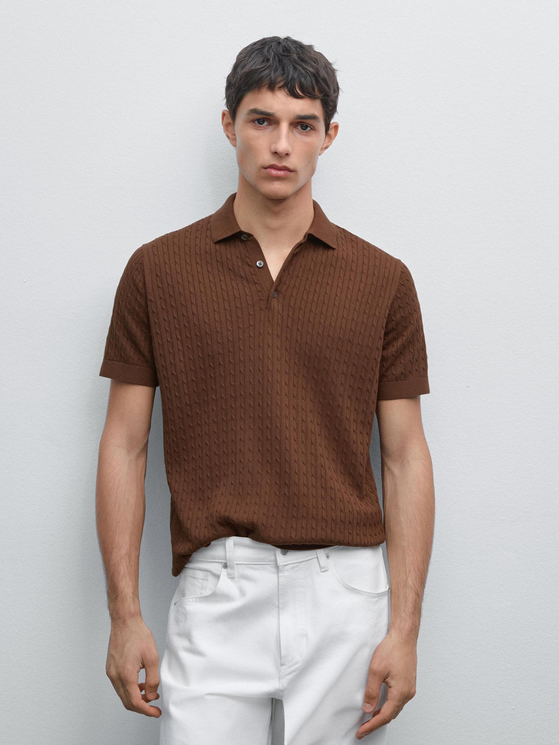 100% cotton cable-knit polo sweater Product Image