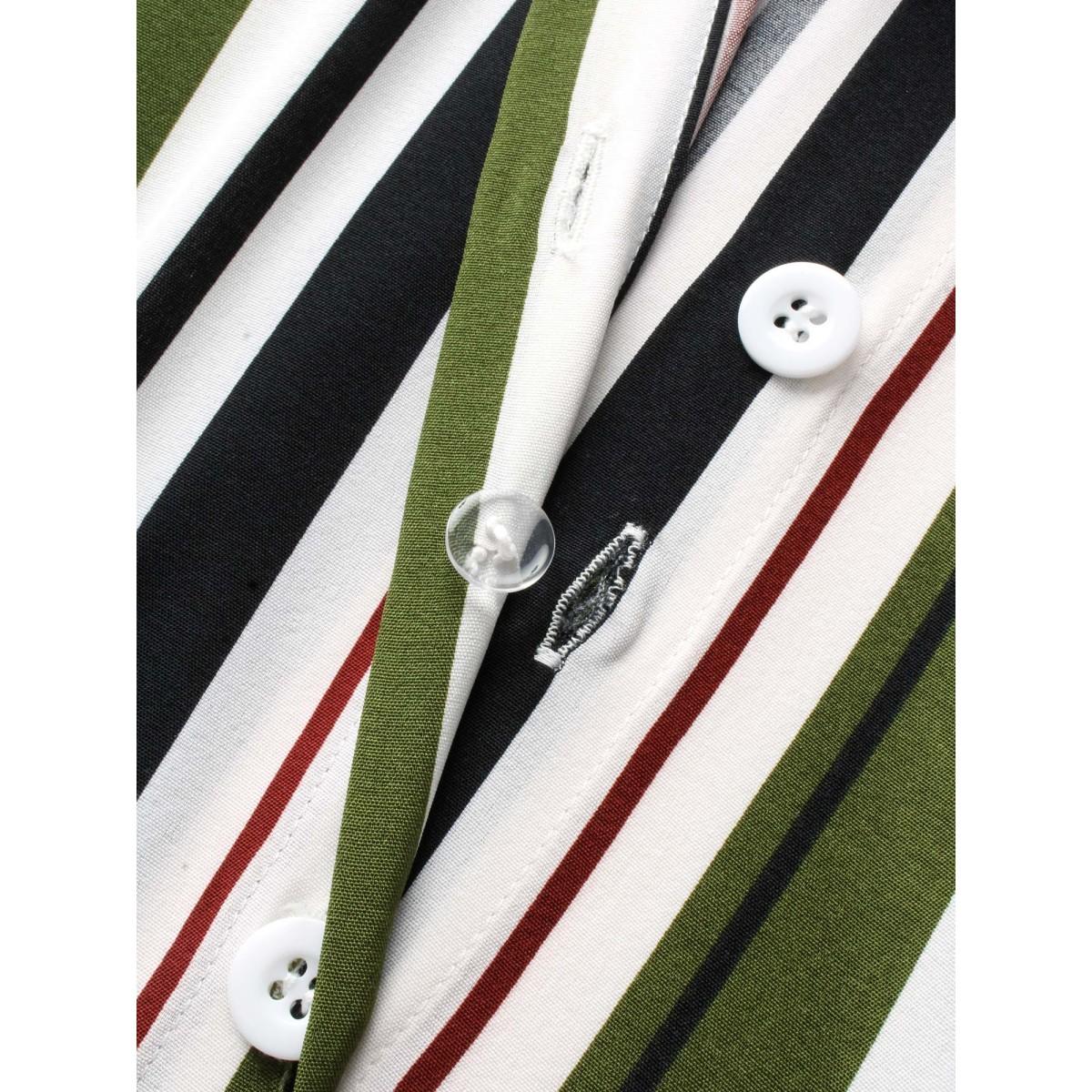 Plus Size Striped Tab Sleeve Arc Hem Dress Multicolor Women Workwear Essentials Belted Shirt collar Elbow-length sleeve Curvy BloomChic 26/4X Product Image