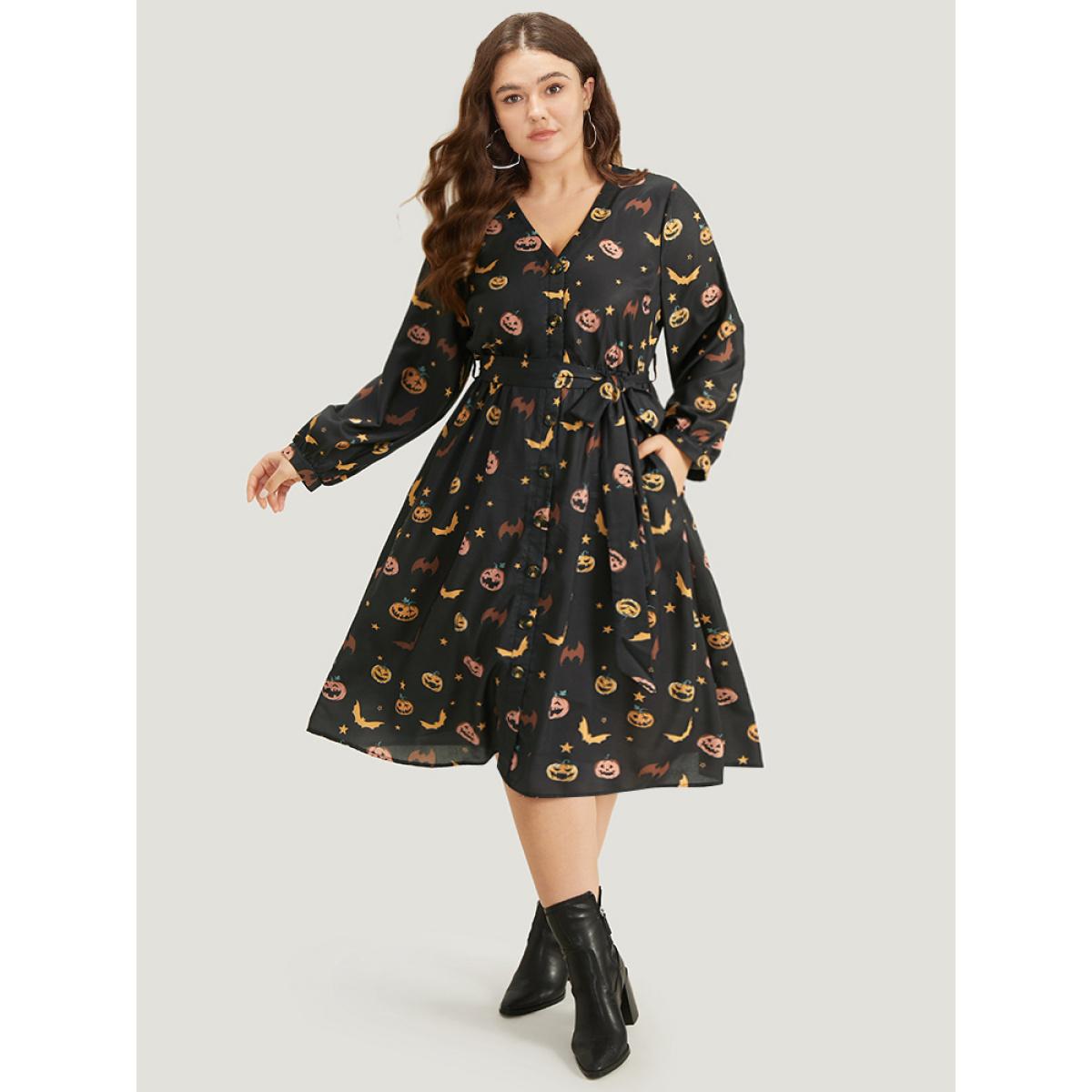 Plus Size Halloween Lantern Sleeve Belted Dress Black Women Casual Belted V-neck Long Sleeve Curvy Midi Dress BloomChic 10/M Product Image