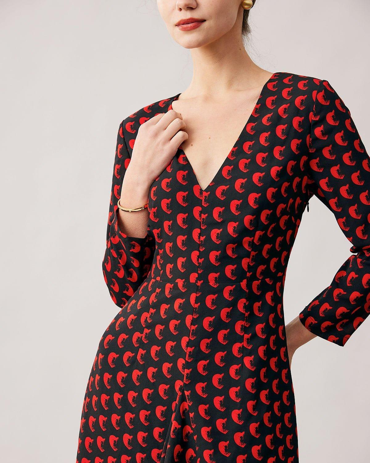 The Red V Neck Slit Long Sleeve Midi Dress Product Image