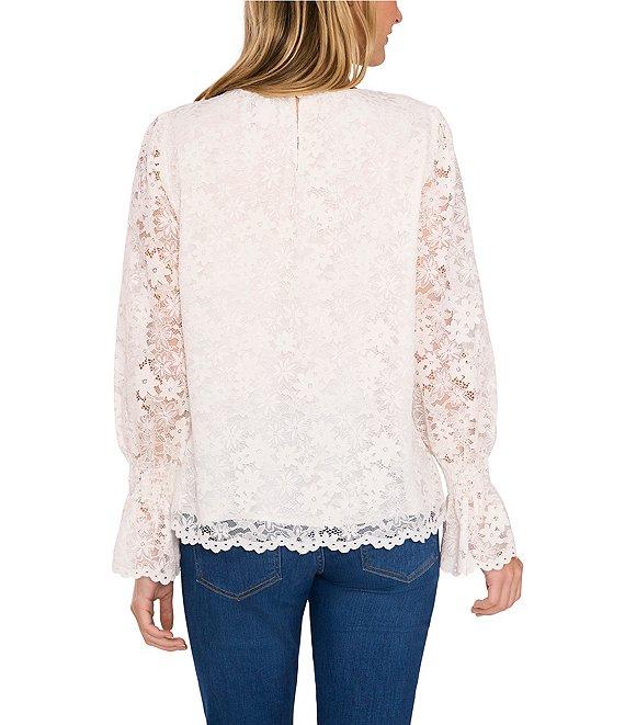 CeCe Lace Crew Neck Long Sleeve Smocked Cuff Blouse Product Image