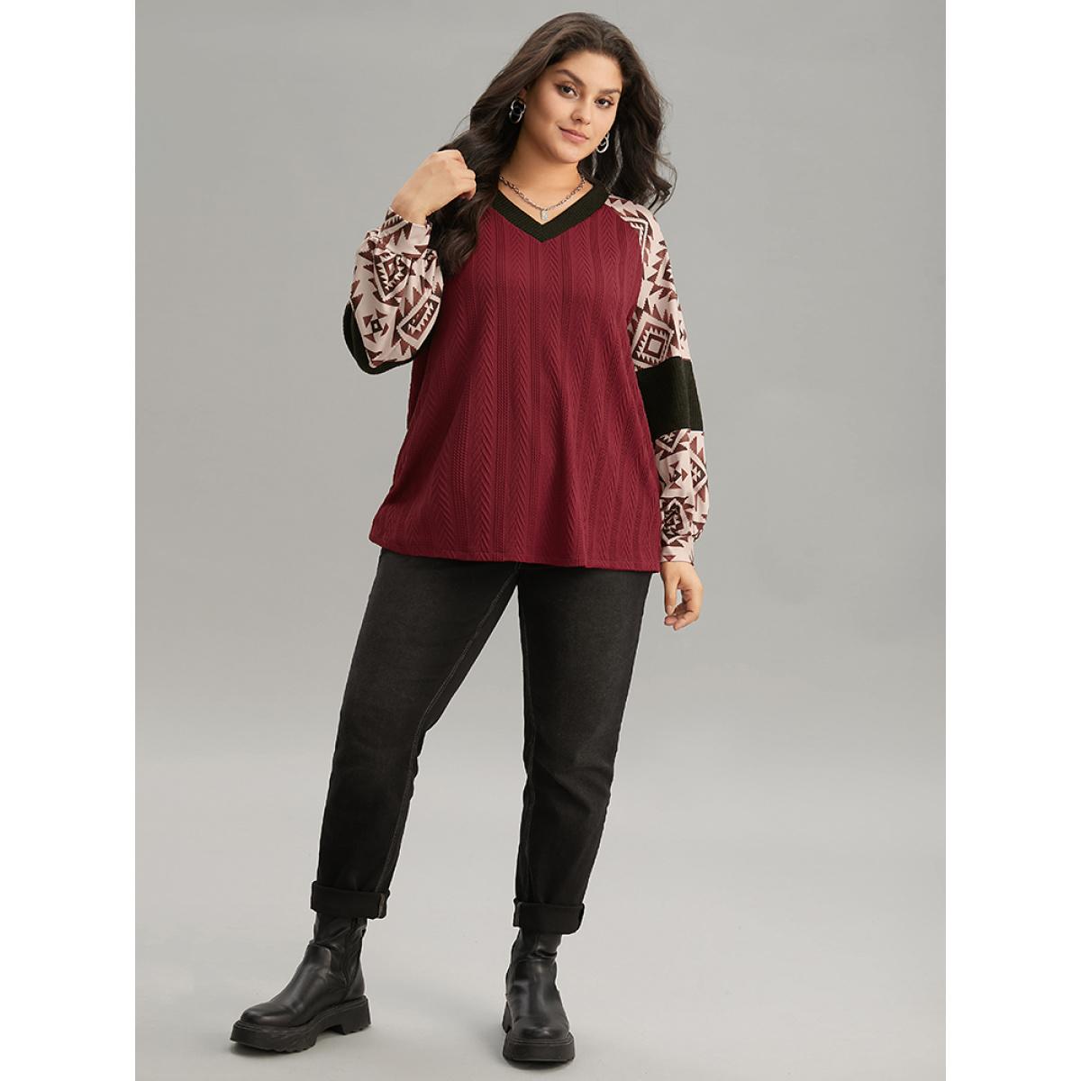 Plus Size Boho Print Contrast Texture Rib Knit Raglan Sleeve Sweatshirt Women Burgundy Casual Rib Knit V-neck Dailywear Sweatshirts BloomChic 10/M Product Image
