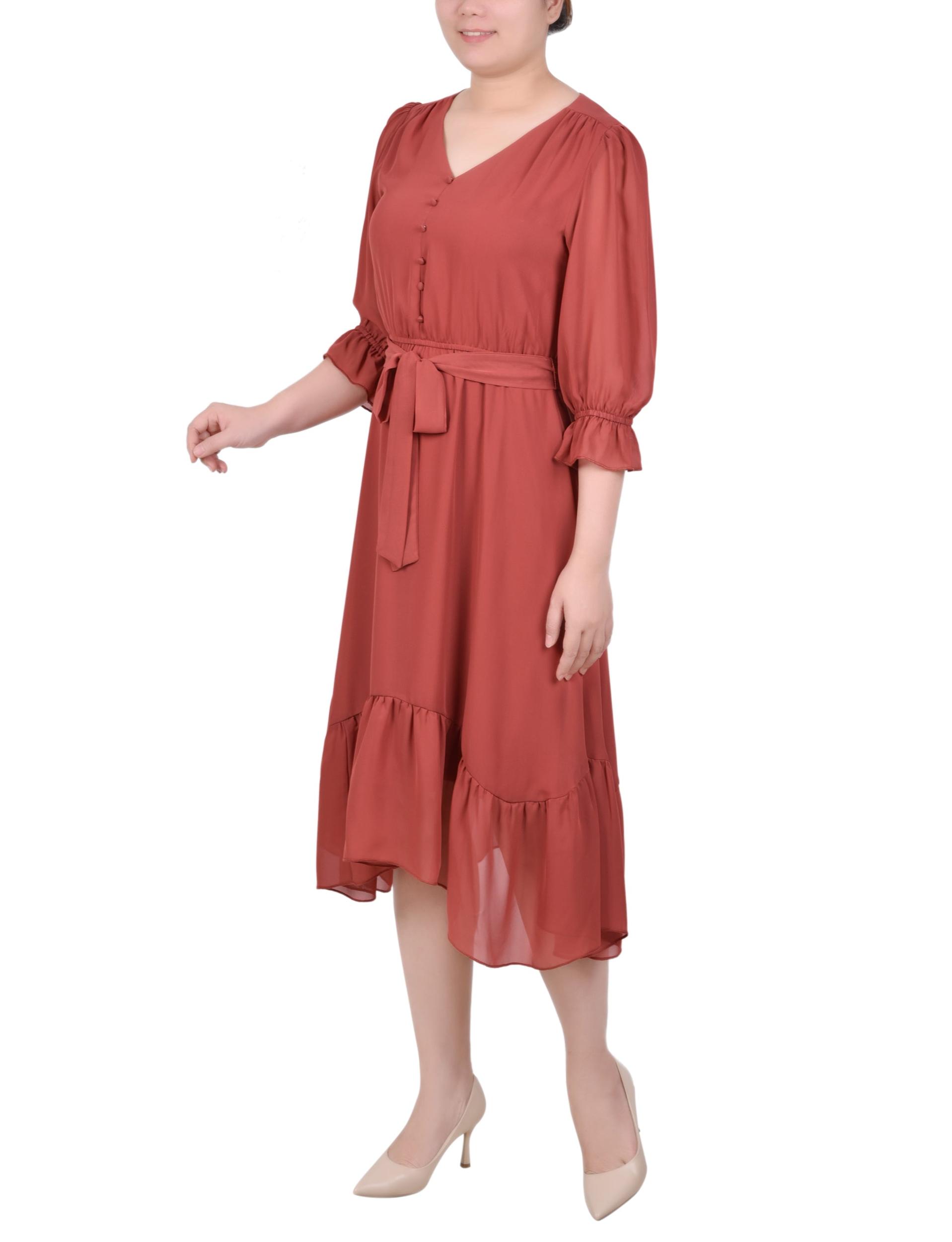 Marsala 3/4 Sleeve V-Neck Flounced Dress Product Image