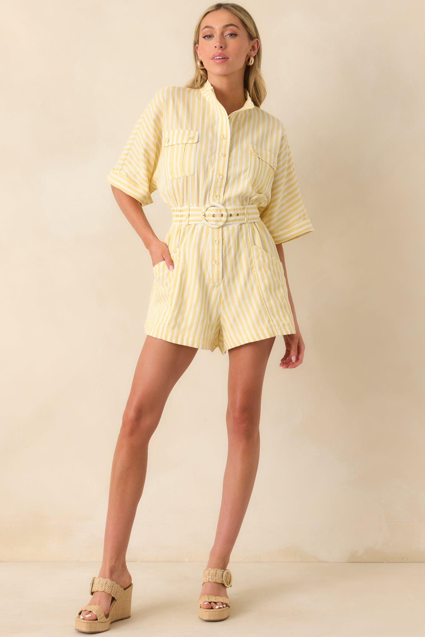 Prosperina Chloe Lemonade Yellow Stripe Cotton Romper Product Image