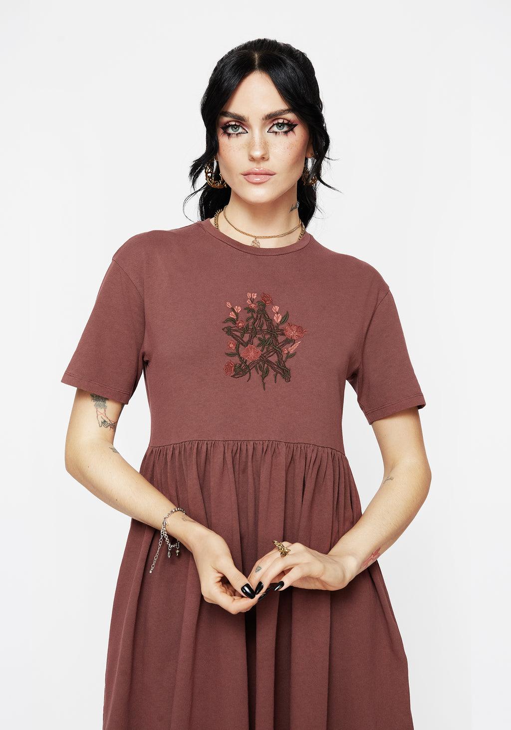 Aster Cotton Pentagram Embroidered Mini Skater Dress Product Image