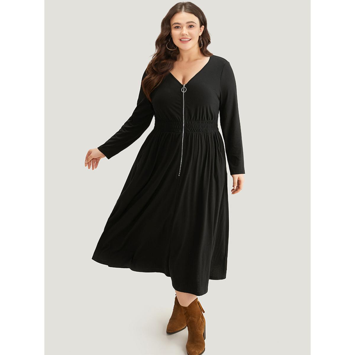 Plus Size Supersoft Essentials Solid Pocket Zipper Shirre Dress Black Women Basics Plain V-neck Long Sleeve Curvy Midi Dress BloomChic 10/M Product Image