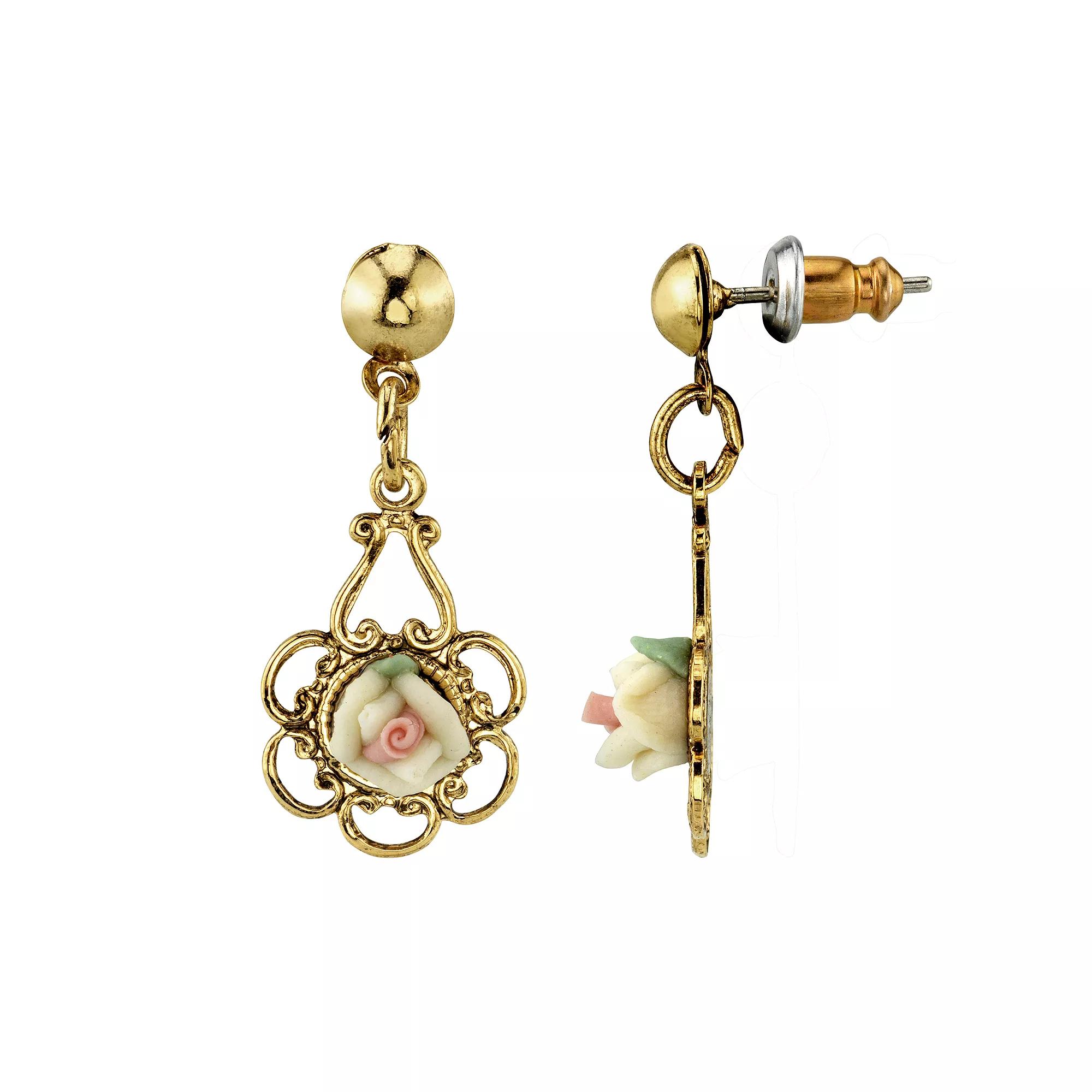 1928 Gold Tone Porcelain Rose Drop Earrings, Womens, White Product Image