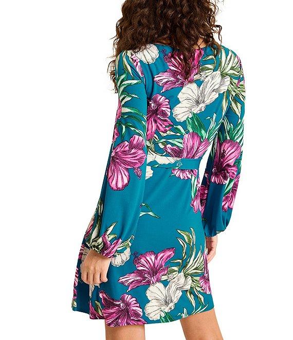 Tommy Bahama Villa Garden Floral Printed Knit Jersey Boat Neck Long Balloon Sleeve Tie Waist A-Line Mini Dress Product Image
