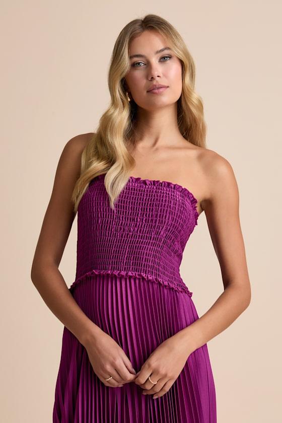 Damira Magenta Satin Pleated Strapless Maxi Dress Product Image