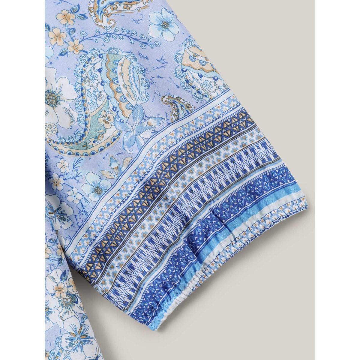 Plus Size Lavender Paisley Print Lantern Sleeve Flowy Blouse Women Boho Elbow-length sleeve Notched collar Vacation Blouses BloomChic 10/M Product Image